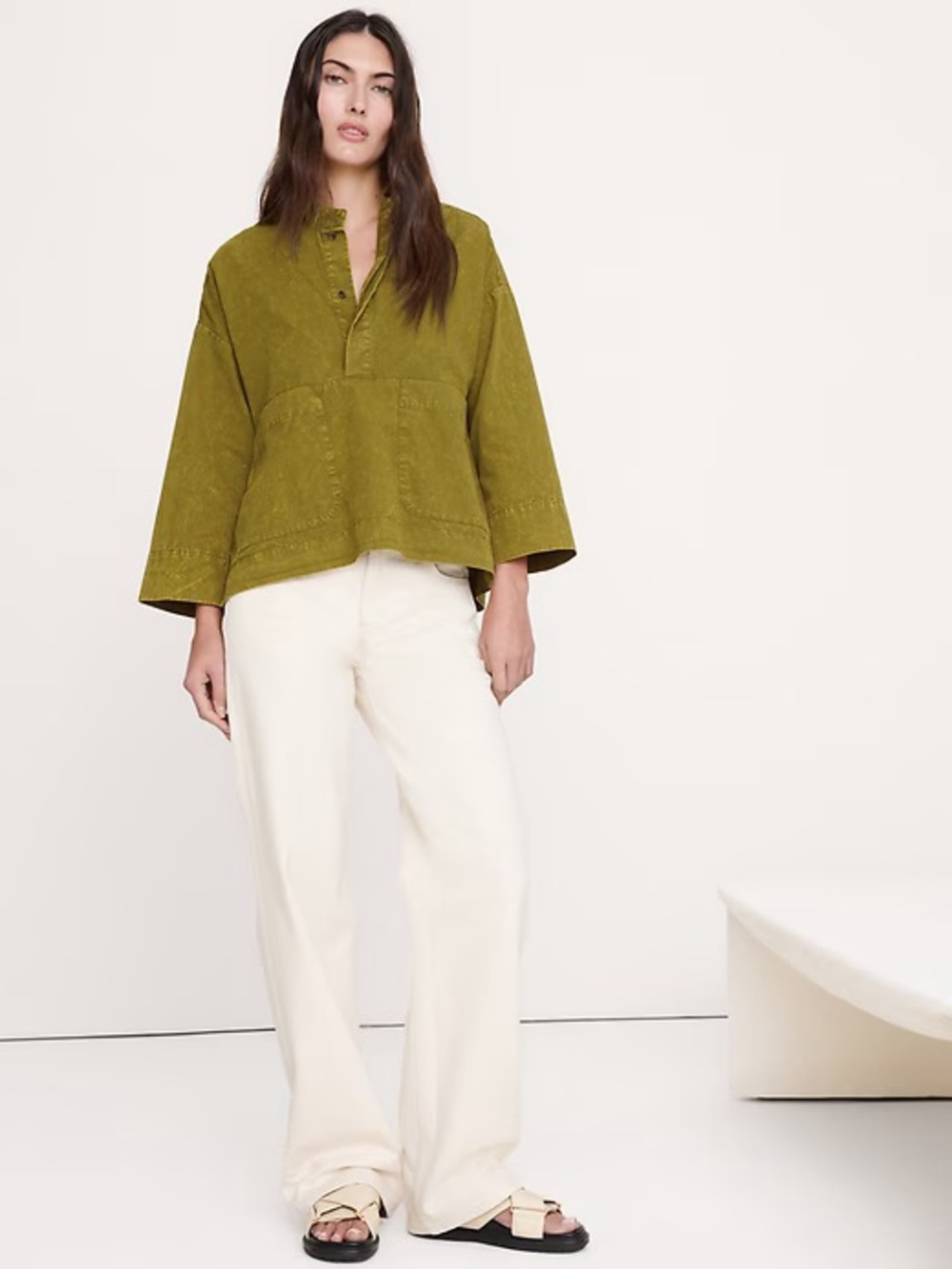 Banana Republic Cotton Popover Blouse Top Utility Chartreuse Lagenlook NWT M